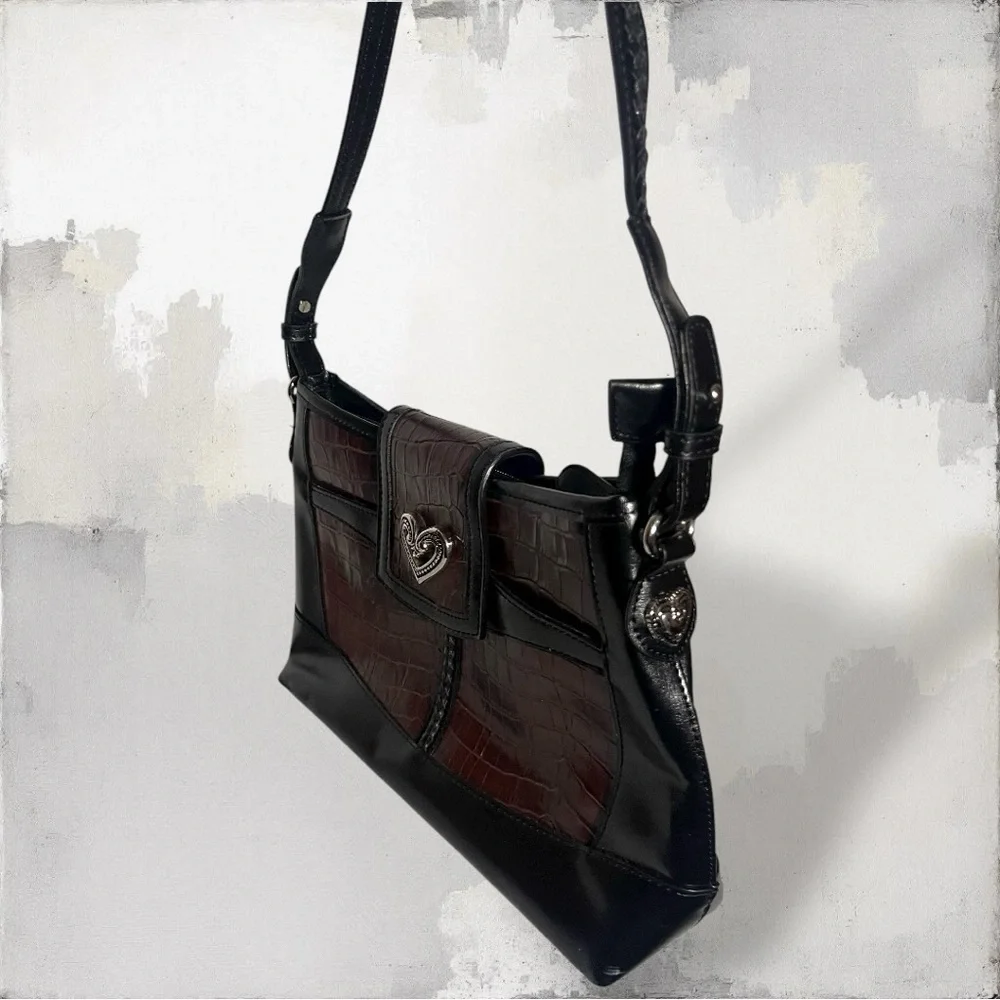 Vintage black and burgundy/red crocodile-embossed leather shoulder bag